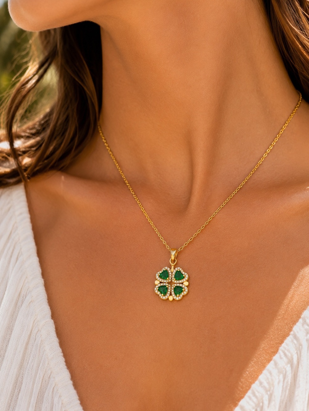 Flower Clover Necklace 18K Gold Plated Stainless Steel Green CZ Pendant